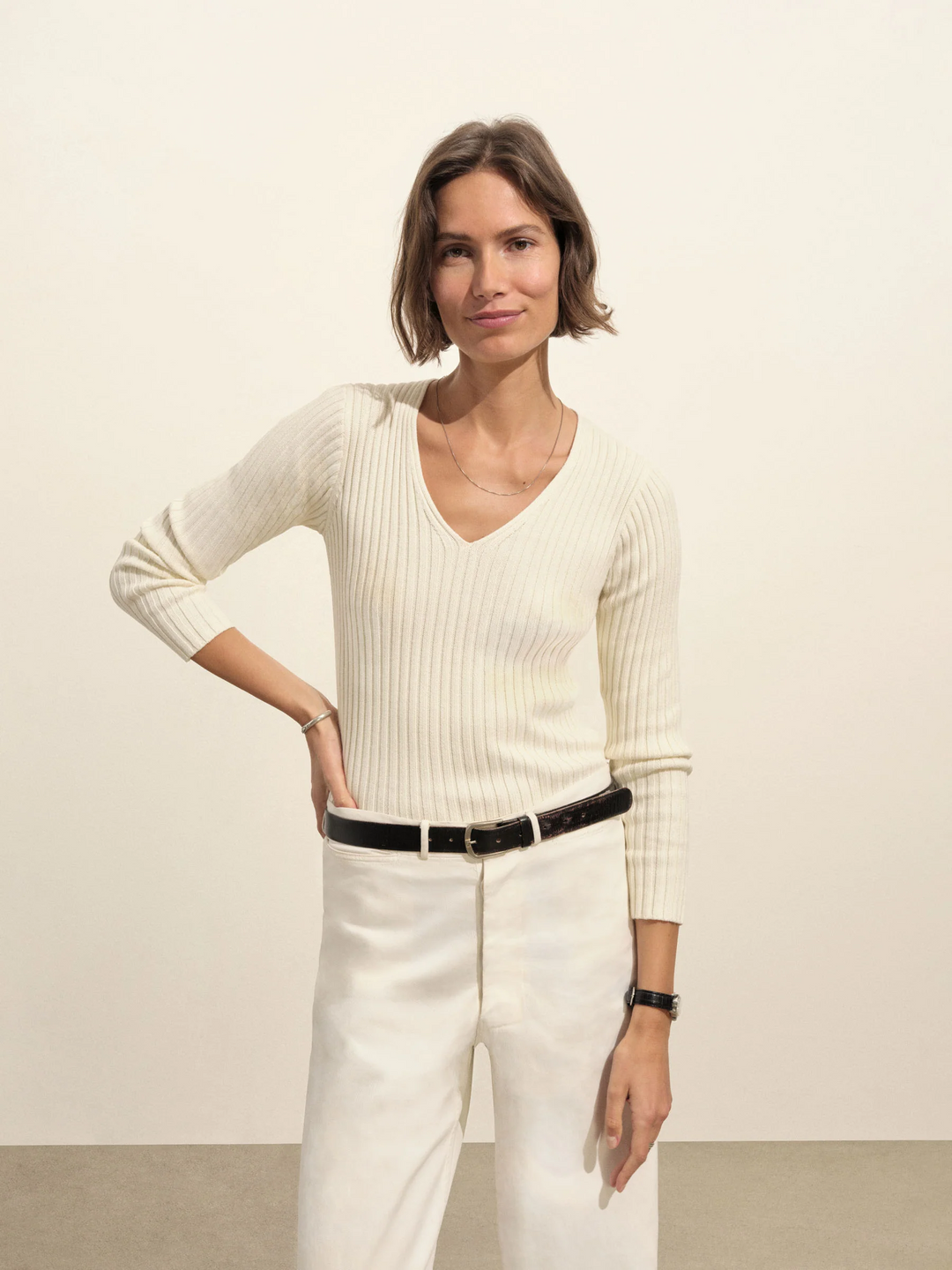 Fluted Rib V-Neck Long Sleeve
