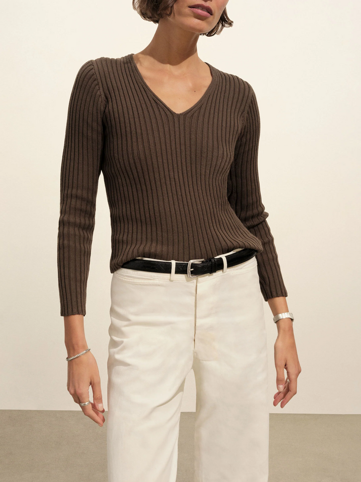 Fluted Rib V-Neck Long Sleeve