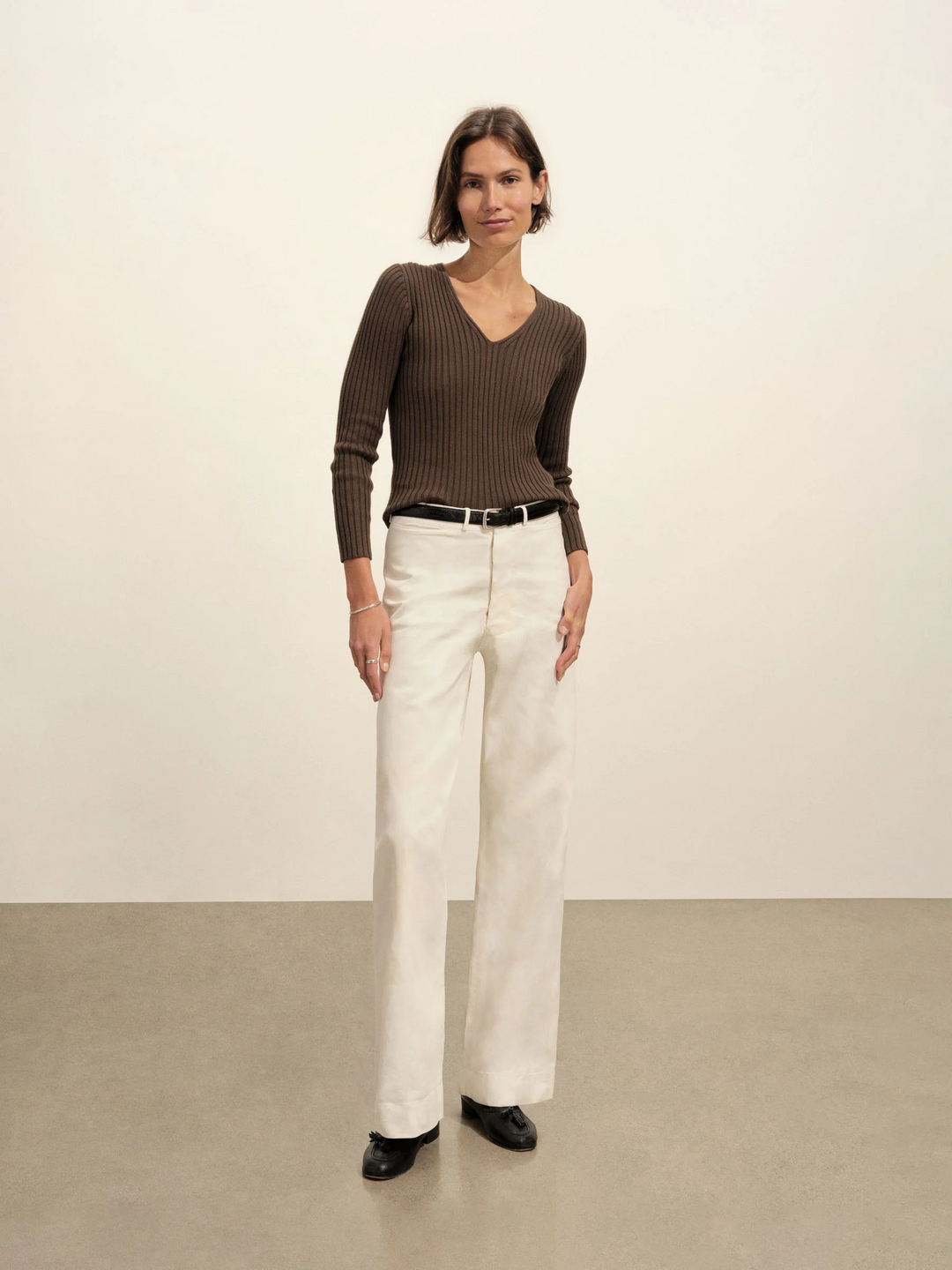 Fluted Rib V-Neck Long Sleeve