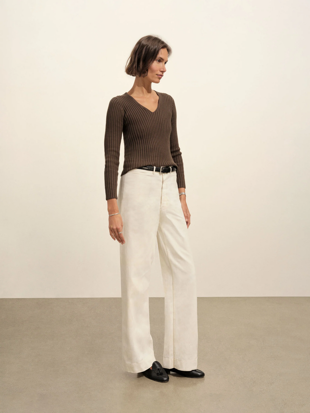 Fluted Rib V-Neck Long Sleeve