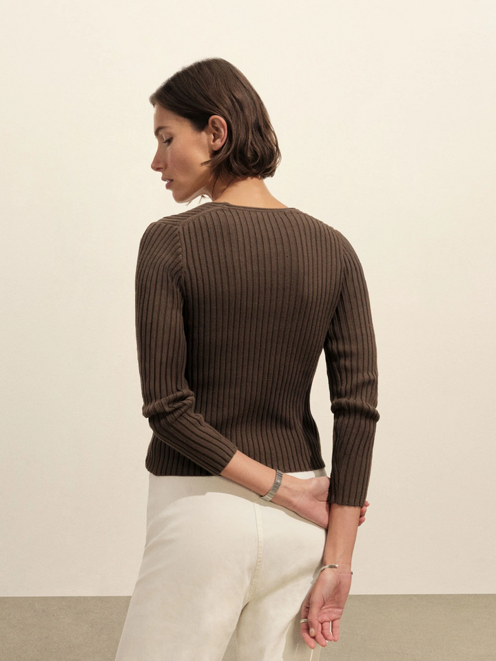 Fluted Rib V-Neck Long Sleeve